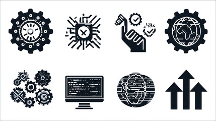 Array of icons gears, chips, hand w/ connection, world, code, arrows