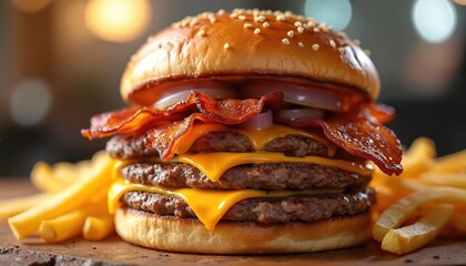 Juicy double smash burger stacked high with crispy bacon, melted cheddar cheese, fresh onions. Served alongside golden french fries. American classic offers delicious, hearty, indulgent fast food