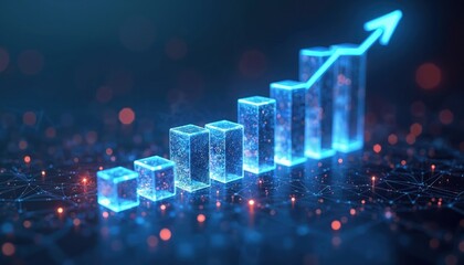 Glowing blue holographic bars ascend in digital graph, signifying financial growth, market expansion. Blockchain technology, upward trend visualised against dark, connected network background with