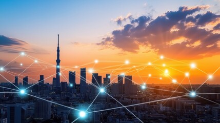 Cityscape at Sunset with Network Overlay