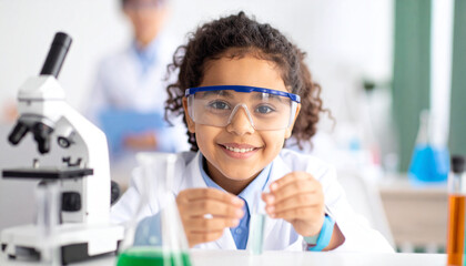 Portrait of a curious elementary school girl in a lab coat and goggles, enthusiastically learning chemistry and fostering a passion for STEM education