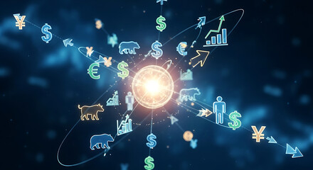 Global financial markets and currency exchange network with bull and bear symbols