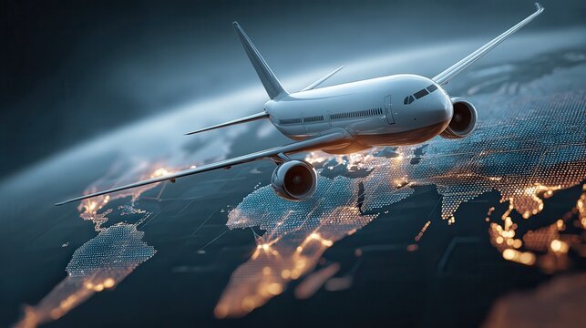 Plane taking off on international flight with world map in background