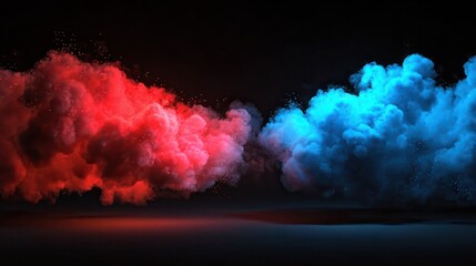 Red and blue smoke clouds on black transparent background with neon glow effect for sport versus concept. Realistic 3d vector two color fog for game vs confrontation or police car light design © anika
