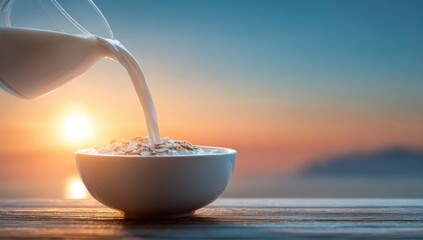 Milk pouring over breakfast cereal bowl at sunrise