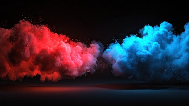Red and blue smoke clouds on black transparent background with neon glow effect for sport versus concept. Realistic 3d vector two color fog for game vs confrontation or police car light design