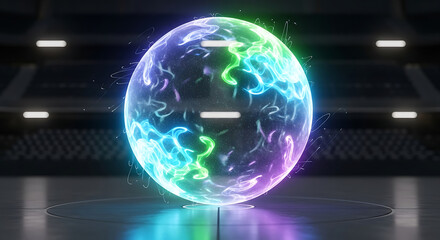 Glowing energy sphere with colorful electric currents and particles