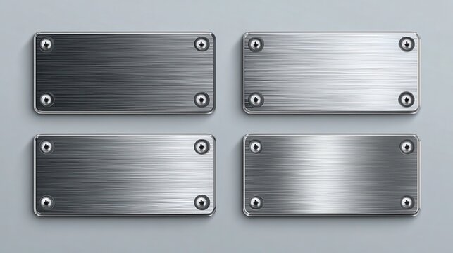 Steel tag plate with borders and screws. Realistic vector set of metal nameplates or boards with empty space for sign. Silver plaque or stainless frame mockup. Blank shape with chrome texture surface