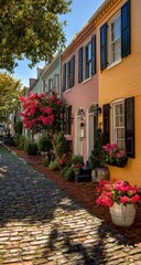 Charming row houses along a cobblestone street, shaded by trees.  Colorful pastel facades, lush plantings, and dark shutters