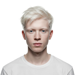 A striking portrait of a young albino man, with unique features and a minimalist style.