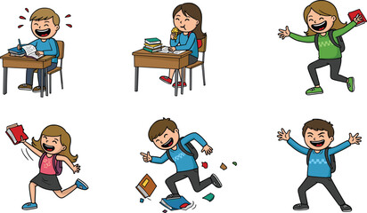 Cartoon school kids, studying at desk, reading books, happy students, classroom activities, learning, education, backpack, children illustration, fun school design