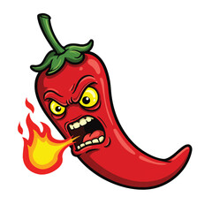Furious red hot chili pepper cartoon mascot breathing fire from its mouth.