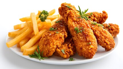 Fototapeta premium Crispy Fried Chicken Strips and Golden French Fries on Plate