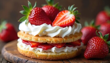 Delicious strawberry shortcake dessert featuring layers of fluffy cake, fresh strawberries, rich whipped cream. Garnished with whole, sliced strawberries, mint leaves. Perfect for celebrations,