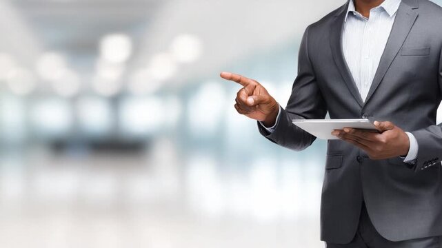 Businessman with Tablet: A poised figure in a sharp suit, expertly wielding a tablet while pointing towards the future, symbolizing modern business acumen and direction.