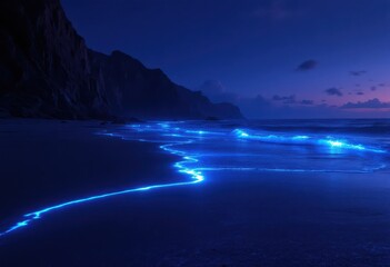 Fototapeta premium Dark, dramatic coastal scene at twilight. Bio-luminescent waves glow electric blue, tracing the shoreline beneath imposing, silhouetted cliffs against a deep twilight sky