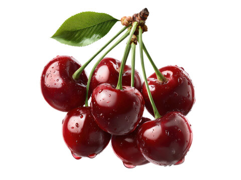 Red cherries with a green leaf and water droplets on a black background cherry fruit, Isolated On Png Transparent Background - Powered by Adobe