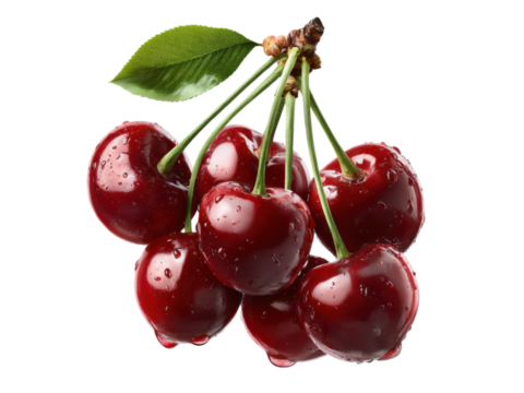 Red cherries with a green leaf and water droplets on a black background cherry fruit, Isolated On Png Transparent Background - Powered by Adobe