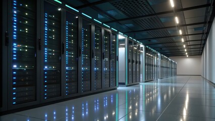 Illuminated server racks in a dark data center hallway