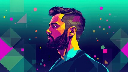 A stylized portrait of a bearded man against a colorful geometric background with shapes and gradients