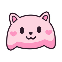 Adorable pink cartoon cat face with heart cheeks and big eyes, simple kawaii style illustration perfect for branding and fun designs
