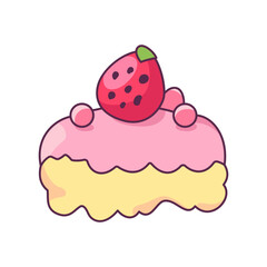 Sweet cartoon slice of cake with strawberry and pink frosting decorated with cream puffs and a yellow base, perfect for baking themes and children's designs.