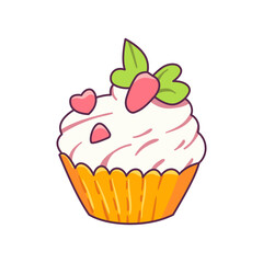 Whimsical cupcake with frosting, hearts, and carrot decorations suggesting a festive or celebratory theme, perfect for baking or holiday designs.