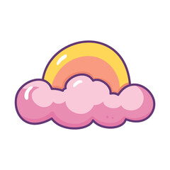 Whimsical pink cloud adorned with a bright yellow and coral rainbow segment symbolizing joy and optimism