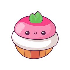 Adorable kawaii cupcake with pink frosting and green leaves on top, featuring a happy face with big eyes and a smile, perfect for children's themes and sweet treats.