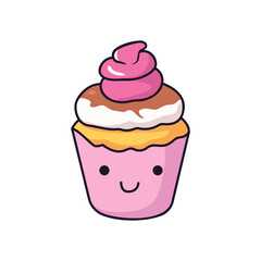 Cute smiling cupcake with pink frosting and brown chocolate drizzle, kawaii style, isolated on white background