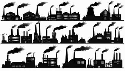 Obraz premium Collection of industrial factory, power plant silhouettes emit smoke from chimneys. Icons showcase various structures like oil refineries, nuclear power stations, industrial plants, representing