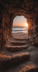 Cave opening onto a beach at sunset.  Rocky steps lead to the vista