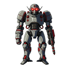 Fototapeta premium Heavily armored humanoid combat robot with glowing red eyes and a laser gun arm.