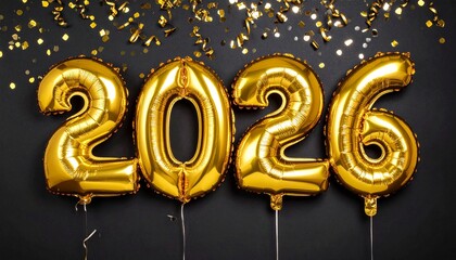 Golden balloons with “2026” float gracefully as shimmering confetti falls against a deep black background, creating a cinematic, festive, and elegant celebration of the new year scene