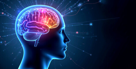 Brain vibrations. side profile of a human head and brain, surrounded by glowing blue lines and light particles representing thought, memory, and neurological activity. copy space