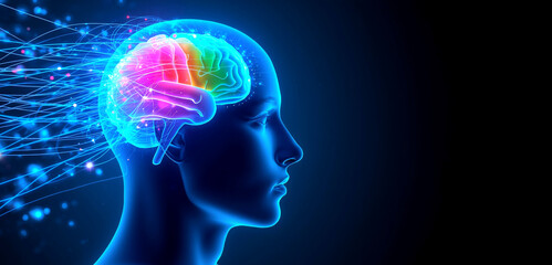 Obraz premium Brain vibrations. side profile of a human head and brain, surrounded by glowing blue lines and light particles representing thought, memory, and neurological activity. copy space