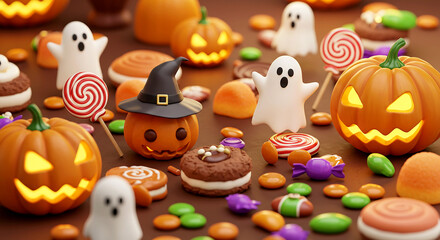 Obraz premium Halloween Candy and Decorations Pumpkins, Ghosts, and Treats