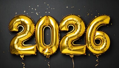 Golden balloons with &ldquo;2026&rdquo; float gracefully as shimmering confetti falls against a deep black background, creating a cinematic, festive, and elegant celebration of the new year scene