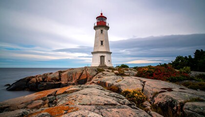 Majestic Lighthouse on Rocky Coastline Under Cloudy Sky.