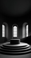 Fototapeta premium Dark, minimalist room with tiered platform and arched windows