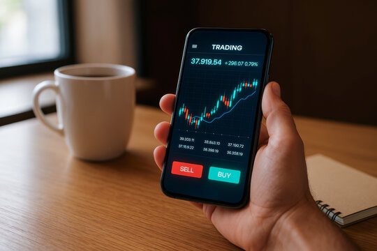Anyone Can Trade Concept. Online trading app with buy and sell options on smartphone