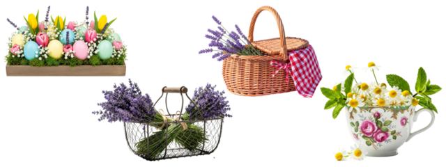 Spring and picnic themed collection with Easter decor, lavender, and chamomile tea.