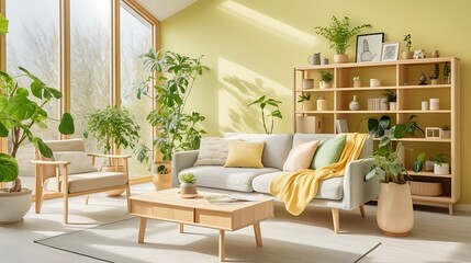 Fototapeta premium Scandinavian-style living room with light green walls, a soft yellow fabric couch, a light wood coffee table, indoor plants, and sunlight streaming through a large window.