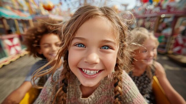Joyful children laughing on roller coaster ride in amusement park at sunset