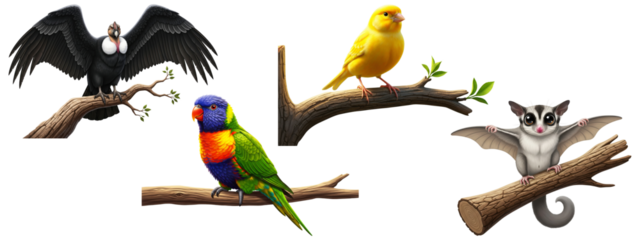 Collection of exotic birds and a sugar glider animal perched on branches.