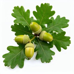 Obraz premium Cluster of vibrant green acorns resting gracefully on textured oak leaves on white background