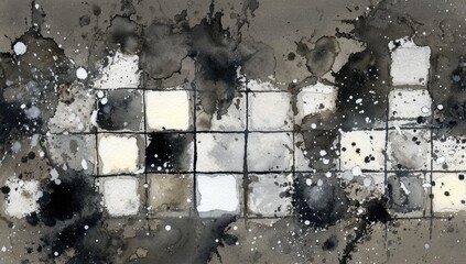 Abstract monochrome design with a grid pattern overlaid with watercolor blots and splatters
