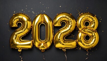 Golden balloons with &ldquo;2028&rdquo; float gracefully as shimmering confetti falls against a deep black background, creating a cinematic, festive, and joyous celebration of the new year scene