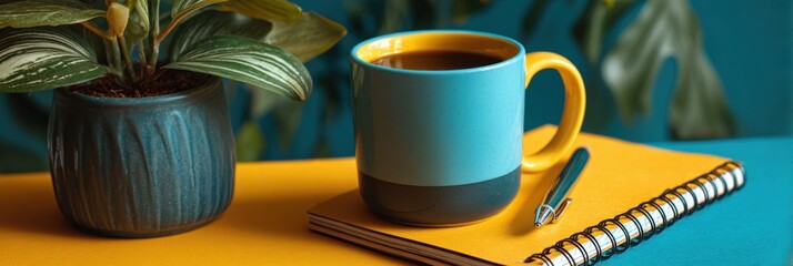 Modern Psychological Safety Concept with Blue Card on Notepad, Plant, and Mug Professional HR Content for Team Well-Being and Corporate Culture