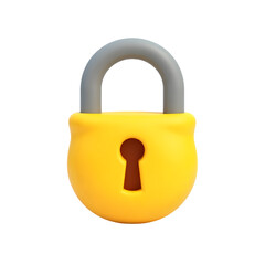 Cartoon yellow padlock with grey shackle isolated on transparent background